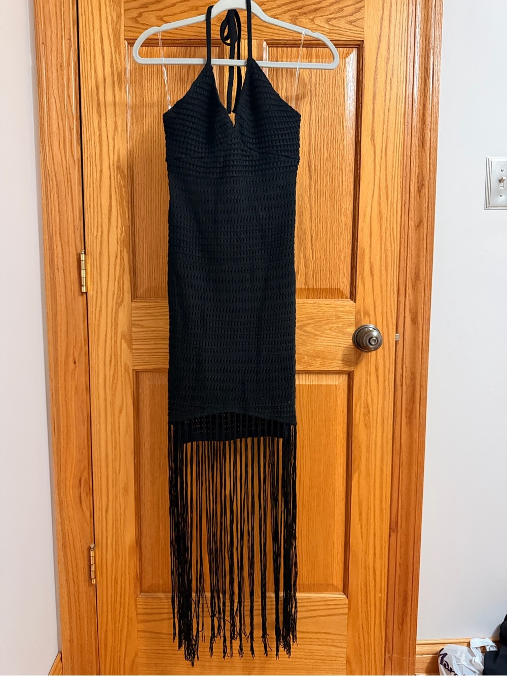 Windsor Black Halter Midi Dress with Fringe Hem